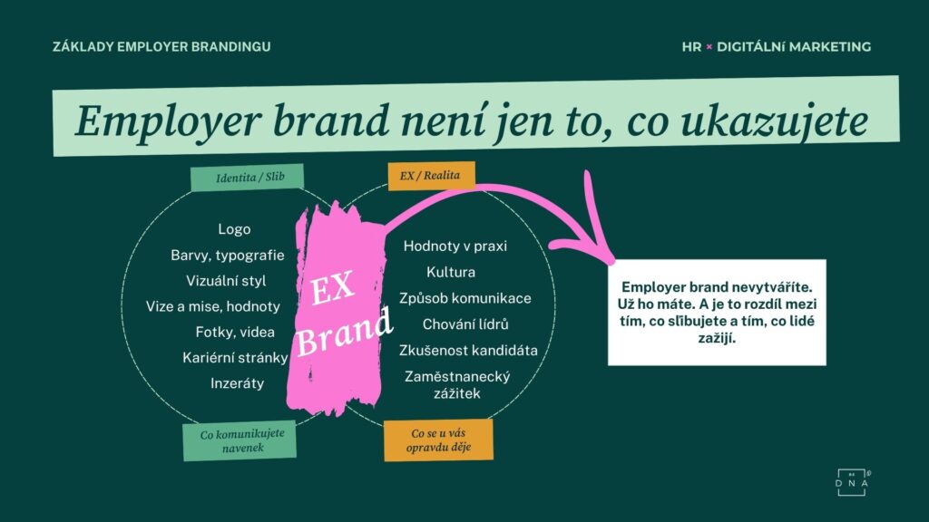 Infografika znázorňující základy employer brandingu s hlavním nápisem „Employer brand není jen to, co ukazujete“